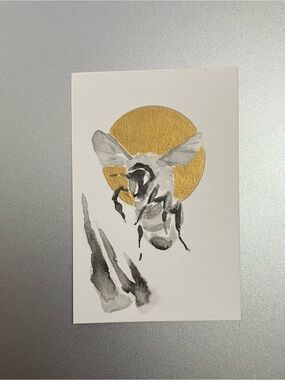 Original honeybee painting bee miniature realism art sumi-e style artwork